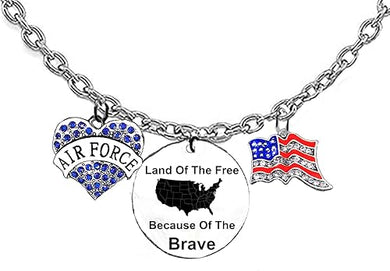 Air Force, Blue Austrian Crystal Heart, Land Of The Free, Because Of The Brave,Genuine Austrian Crystal American Flag,On A Adjustable Silvertone Cable Chain Necklace,What A Wonderful Gift For Yourself