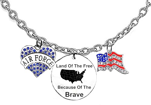 Air Force, Blue Austrian Crystal Heart, Land Of The Free, Because Of The Brave,Genuine Austrian Crystal American Flag,On A Adjustable Silvertone Cable Chain Necklace,What A Wonderful Gift For Yourself