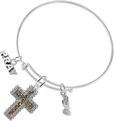 Christian Crystal Topaz Stone, 3 Charm Adjustable Bracelet Hypoallergenic, Safe-Nickel, Lead, Free