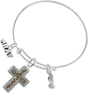 Christian Crystal Topaz Stone, 3 Charm Adjustable Bracelet Hypoallergenic, Safe-Nickel, Lead, Free