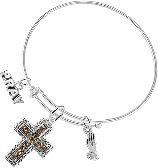Christian Crystal Topaz Stone, 3 Charm Adjustable Bracelet Hypoallergenic, Safe-Nickel, Lead, Free