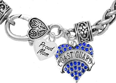 Coast Guard Proud Mom, Heart Charm Bracelet, Hypoallergenic, Safe- Nickel, Lead, and Cadmium Free