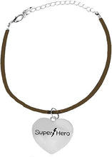 Super Hero Heart Charm On A Brown Suede Adjustable Bracelet, Hypoallergenic Safe- No Nickel. Lead, Or Poisonous Cadmium