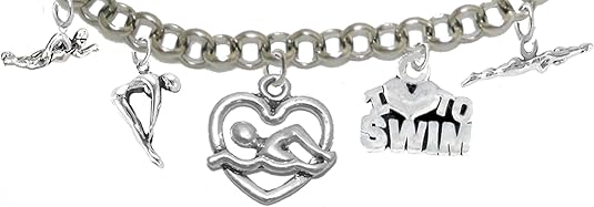 I Love Swimming 5 Charm Adjustable Bracelet, Hypoallergenic, Safe-Nickel Free, No Poisonous Lead Or Cadmium