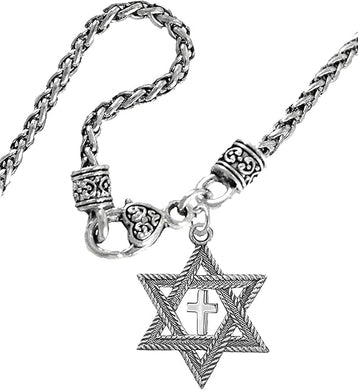 Messianic, Christian, Jewish Antique Silvertone Star Of David And A High Polished Cross On A Wheat Chain Necklace, Hypoallergenic-Safe, No Nickel, Lead, or Cadmium In The Metal ©2023