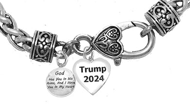 Trump, God Has You In His Arms And I Have You In My Heart, Trump 2024 Heart, Antique Wheat Chain Bracelet, What A Wonderful Gift For Yourself,Or A Friend,Or A Family Member,Or As A Donor Gift.©2023