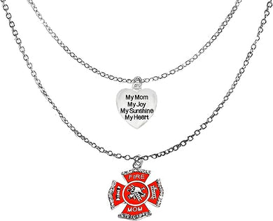 My Mom.My Joy, My Sunshine, My Heart, Heart, Firefighter's Mom Maltese Cross, On A Adjustable Double Chain Necklace,Hypoallergenic-Safe, No Nickel, Lead, Or Cadmium In The Metal. ©2023