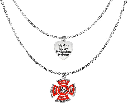 My Mom.My Joy, My Sunshine, My Heart, Heart, Firefighter's Mom Maltese Cross, On A Adjustable Double Chain Necklace,Hypoallergenic-Safe, No Nickel, Lead, Or Cadmium In The Metal. ©2023