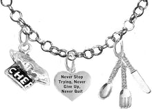 Cooking Jewelry, Never Give Up, Never Quit Trying, Chef Hat, Silverware, Adjustable Necklace, Hypoallergenic, Safe-Nickel, Lead, Cadmium Free