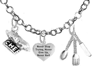 Cooking Jewelry, Never Give Up, Never Quit Trying, Chef Hat, Silverware, Adjustable Necklace, Hypoallergenic, Safe-Nickel, Lead, Cadmium Free