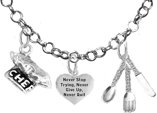 Cooking Jewelry, Never Give Up, Never Quit Trying, Chef Hat, Silverware, Adjustable Necklace, Hypoallergenic, Safe-Nickel, Lead, Cadmium Free