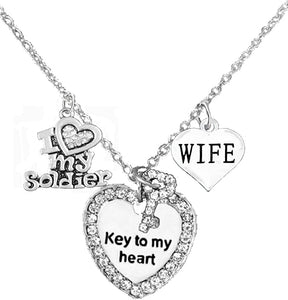 Army Wife Genuine Crystal, Key to My Heart & I Love My Soldier, Adjustable Hypoallergenic, Safe-Nickel, Lead, Cadmium Free