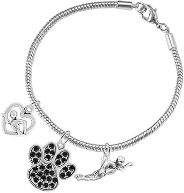 Swimming 3 Charm Black Crystal Paw Bracelet Hypoallergenic, Safe-Nickel, Lead & Cadmium Free!
