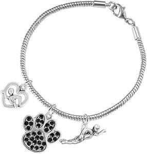 Swimming 3 Charm Black Crystal Paw Bracelet Hypoallergenic, Safe-Nickel, Lead & Cadmium Free!