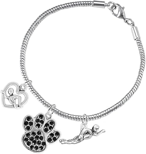 Swimming 3 Charm Black Crystal Paw Bracelet Hypoallergenic, Safe-Nickel, Lead & Cadmium Free!