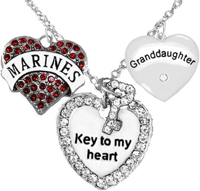 Marine Granddaughter, Key to My Heart, Crystal Granddaughter Heart Charm Necklace, Hypoallergenic, Safe-Nickel, Lead, Free