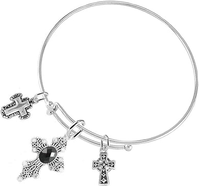 Christian Crystal Jet Black Stone, 3 Charm Adjustable Bracelet Hypoallergenic, Safe-Nickel, Lead, Free
