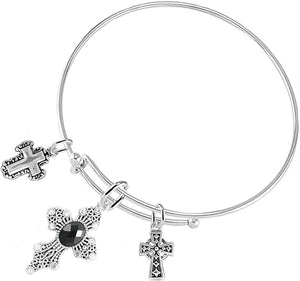 Christian Crystal Jet Black Stone, 3 Charm Adjustable Bracelet Hypoallergenic, Safe-Nickel, Lead, Free