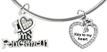 Policeman's, I Love My Policeman, Key To My Heart., Adjustable Miracle Wire Bracelet, Hypoallergenic, Safe-Nickel, Lead, Free