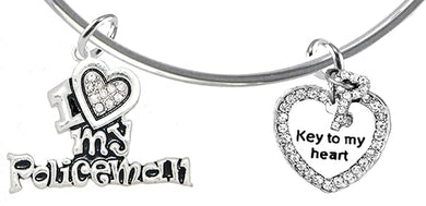 Policeman's, I Love My Policeman, Key To My Heart., Adjustable Miracle Wire Bracelet, Hypoallergenic, Safe-Nickel, Lead, Free