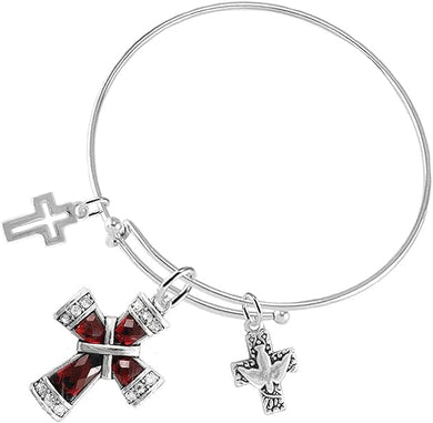Dove of Peace Christian Crystal Ruby Stone, 3 Charm Adjustable Bracelet Hypoallergenic, Safe-Nickel, Lead, Free