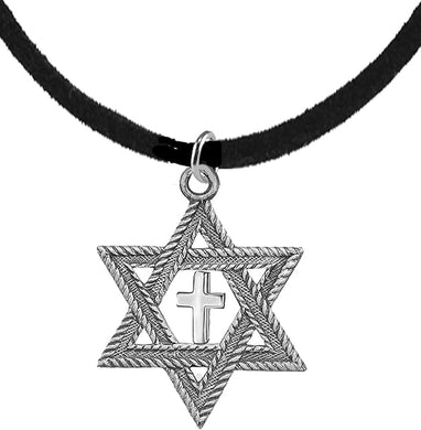 Messianic Christian Jewish Antique Silvertone Star Of David, Polished Silvertone Cross, Adjustable 18 To 21 Inch Black Suede Necklace, Hypoallergenic, No Nickel, Lead, Cadmium In Metal 54N3