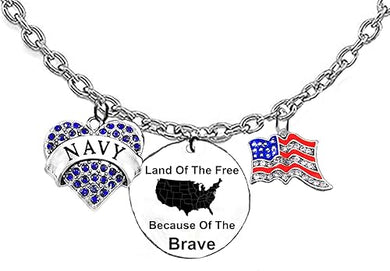Navy, Blue Austrian Crystal Heart, Land Of The Free, Because Of The Brave, Genuine Austrian Crystal American Flag, On A Adjustable Silvertone Cable Chain Necklace, What A Wonderful Gift For Yourself