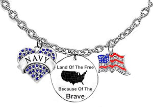 Navy, Blue Austrian Crystal Heart, Land Of The Free, Because Of The Brave, Genuine Austrian Crystal American Flag, On A Adjustable Silvertone Cable Chain Necklace, What A Wonderful Gift For Yourself