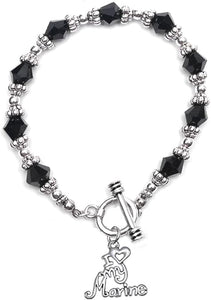 Marine, I Love My Marine, Black Crystal Bracelet Hypoallergenic, Safe-Nickel, Lead, Cadmium Free