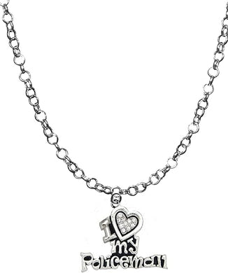 Police Jewelry, I Love My Policeman, Adjustable 14-21 Inch Rolo Chain Pave' Crystal Necklace, Nickel, Lead, And Cadmium Free-Hypoallergenic