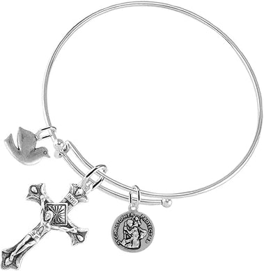 Dove and St. Christopher Crucifix Christian, 3 Charm Adjustable Bracelet Hypoallergenic, Safe-Nickel, Lead, Free