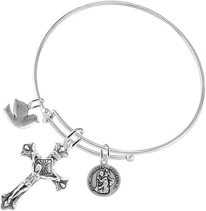 Dove and St. Christopher Crucifix Christian, 3 Charm Adjustable Bracelet Hypoallergenic, Safe-Nickel, Lead, Free