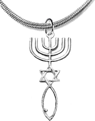 Messianic Seal of Jerusalem With Menorah, Star Of David, Christian Fish On Snake Chain Necklace, Adjustable, Hypoallergenic, Safe-Nickel, Lead, Cadmium Free
