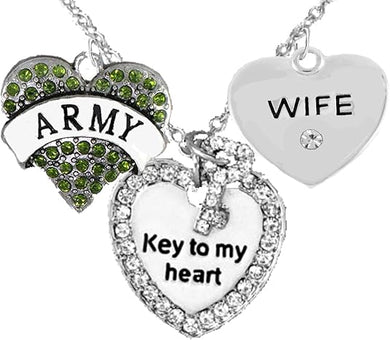 Army Wife Genuine Crystal, Key to My Heart & Olivine Green Army Heart, Adjustable Hypoallergenic, Safe-Nickel, Lead, Cadmium Free