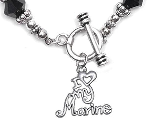 Marine, I Love My Marine, Black Crystal Bracelet Hypoallergenic, Safe-Nickel, Lead, Cadmium Free