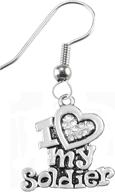 Army, I Love My Soldier, Genuine Crystal Heart Earrings Hypoallergenic, Safe-Nickel, Lead, Cadmium Free