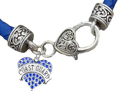 Coast Guard Crystal Charm, Vintage Antique Silver Clasp/Genuine Blue Leather Bracelet, Hypoallergenic, Safe-No Nickel, No Lead and No Poisonous Cadmium