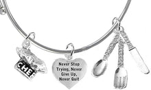 Cooking Jewelry, Never Give Up, Never Stop Trying, Chef Hat, Silverware, Adjustable Bracelet, Hypoallergenic, Safe-Nickel, Lead, Cadmium Free