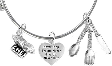 Cooking Jewelry, Never Give Up, Never Stop Trying, Chef Hat, Silverware, Adjustable Bracelet, Hypoallergenic, Safe-Nickel, Lead, Cadmium Free