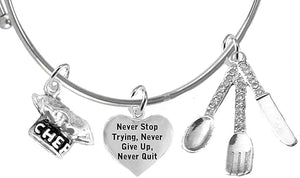 Cooking Jewelry, Never Give Up, Never Stop Trying, Chef Hat, Silverware, Adjustable Bracelet, Hypoallergenic, Safe-Nickel, Lead, Cadmium Free