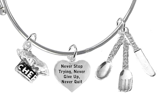 Cooking Jewelry, Never Give Up, Never Stop Trying, Chef Hat, Silverware, Adjustable Bracelet, Hypoallergenic, Safe-Nickel, Lead, Cadmium Free