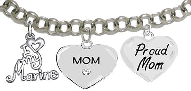 Proud Marine Mom Heart Bracelet, Hypoallergenic, Will NOT Irritate Anyone with Sensitive Skin. Safe- Nickel, Lead and Cadmium Free