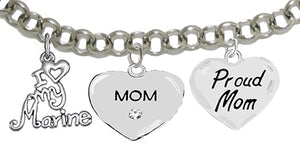 Proud Marine Mom Heart Bracelet, Hypoallergenic, Will NOT Irritate Anyone with Sensitive Skin. Safe- Nickel, Lead and Cadmium Free