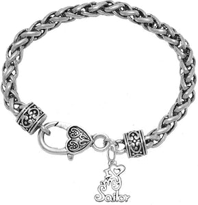 Navy, I Love My Sailor, Wheat Chain Bracelet Hypoallergenic, Safe-Nickel, Lead, Cadmium Free