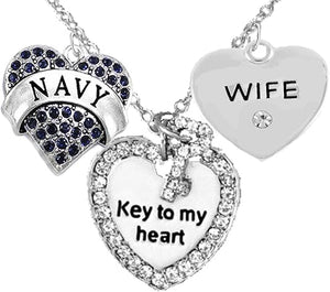 Navy Wife, Key to My Heart, Crystal Wife Heart Charm Necklace, Hypoallergenic, Safe-Nickel, Lead, Free
