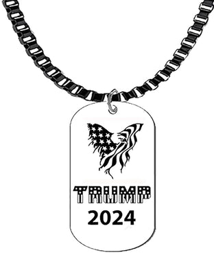 Trump 2024, American Flag Eagle Silvertone Dog Tag On A Black Anodized Box Necklace, 18-21 Inches, What A Wonderful Gift For Yourself, Or A Friend, Or A Family Member Or As A Donor Gift.Hypoallergenic