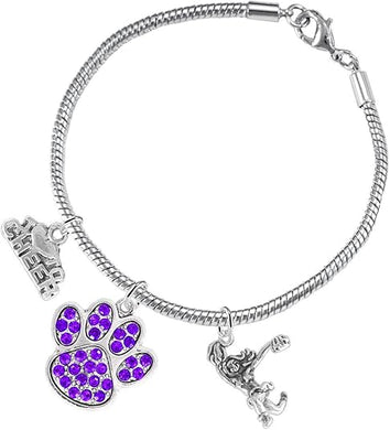 Purple Paw Crystal Cheer 3 Charm Bracelet Safe-Hypoallergenic, Nickel, Lead and Cadmium Free