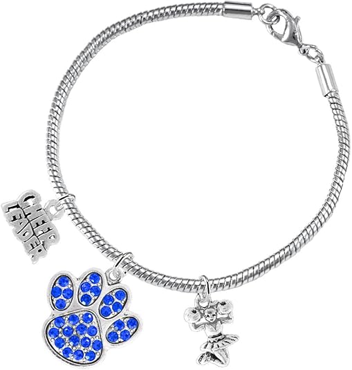 Blue Paw Crystal Cheer 3 Charm Bracelet Safe-Hypoallergenic, Nickel, Lead and Cadmium Free