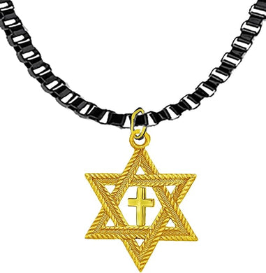 Messianic, Christian, Jewish Antique Goldtone Star Of David And A High Polished Cross On A Black Anodized Box Chain Necklace, Hypoallergenic-Safe, No Nickel, Lead, or Cadmium In The Metal ©2023, Large, Silver, Carnelian