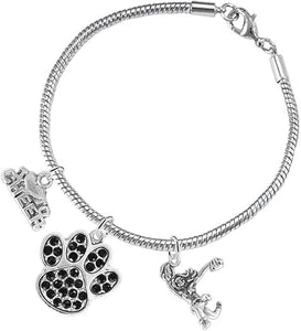 Black Paw Crystal Cheer 3 Charm Bracelet Safe-Hypoallergenic, Nickel, Lead and Cadmium Free